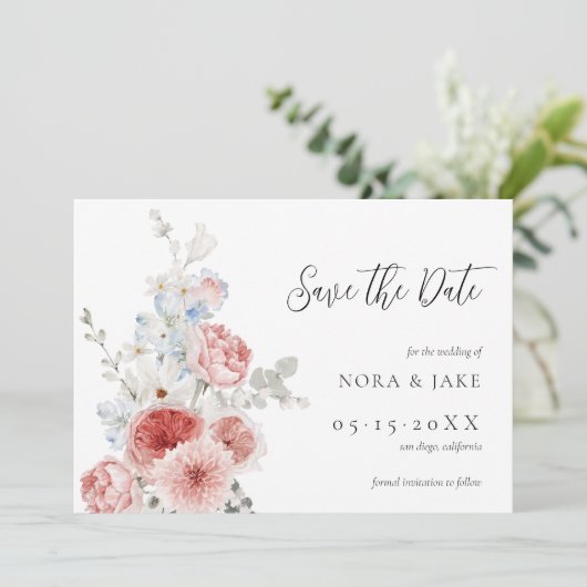 Peach Dusty Blue Floral Save the Date (Staand voorkant)