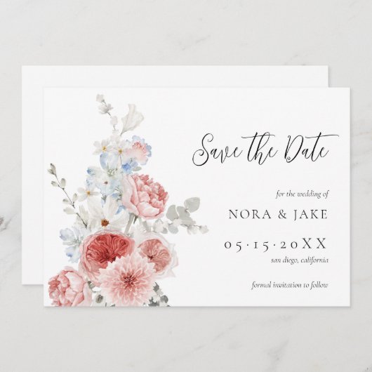 Peach Dusty Blue Floral Save the Date (Voorkant / Achterkant)
