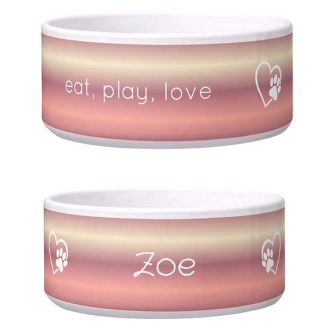 Peach 'eat, play, love' Dog Name Bowl Voerbakje (Creator heeft geüpload)