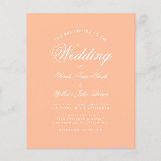 Peach Eenvoudig Script Budget Bruiloft Uitnodiging (Voorkant)