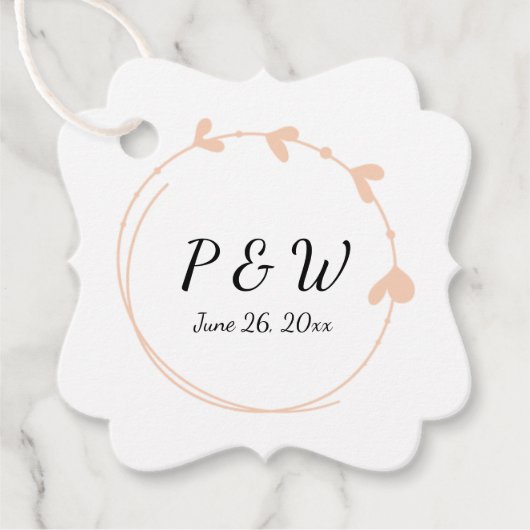 Peach eenvoudige hart krans monogram bruiloft bedankjes labels (Voorkant)