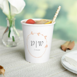 Peach eenvoudige hart krans monogram bruiloft papieren bekers