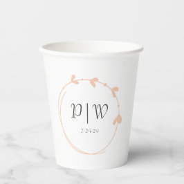 Peach eenvoudige hart krans monogram bruiloft papieren bekers