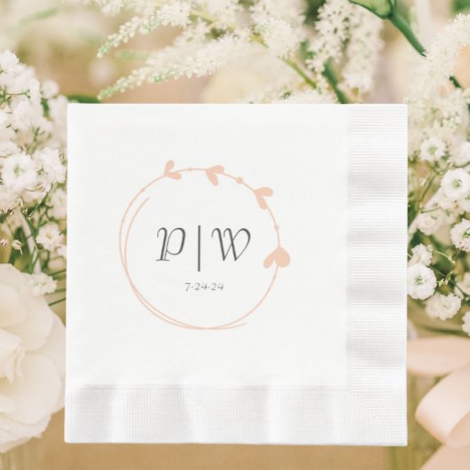 Peach eenvoudige hart krans monogram bruiloft servet