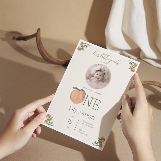 Peach eerste verjaardag Schattigee Waterverf Kaart