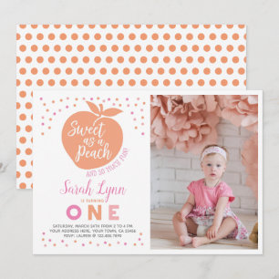 Peach eerste verjaardag uitnodiging met foto