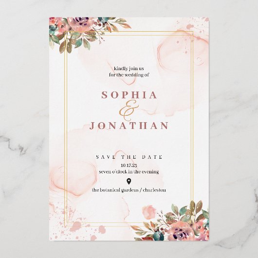 Peach Elegant Neutral Waterverf Floral Wedding Folie Uitnodiging (Voorkant)