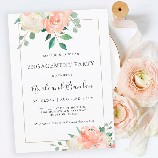 Peach Elegant Waterverf Floral Engagement Party Kaart