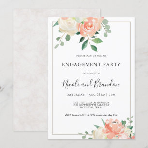 Peach Elegant Waterverf Floral Engagement Party Kaart