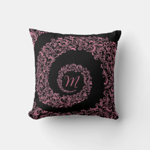 Peach en Black Damask Monogram Kussen