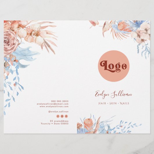 Peach en blauw tropical service menu brochure (Voorkant)