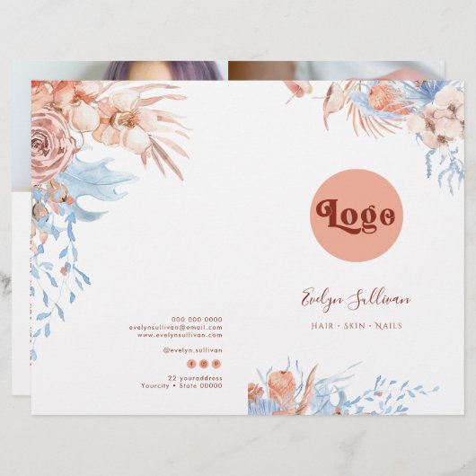 Peach en blauw tropical service menu brochure (Voorkant / Achterkant)