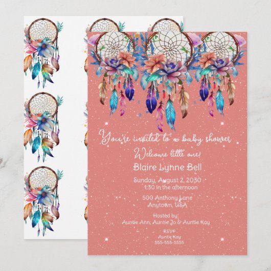 Peach en Blue Dreamcatcher Meisje Baby shower Kaart (Voorkant / Achterkant)