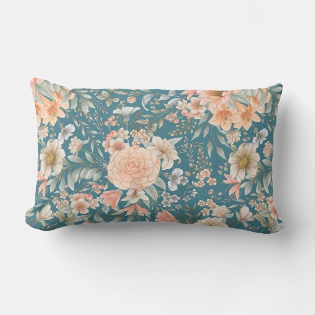 Peach en Blue Floral op medium Blauwgroen Kussen (Voorkant)
