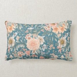 Peach en Blue Floral op medium Blauwgroen Kussen