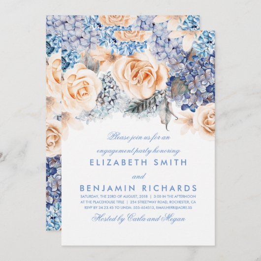 Peach en Blue Floral Waterverven Engagement Party Kaart (Voorkant / Achterkant)