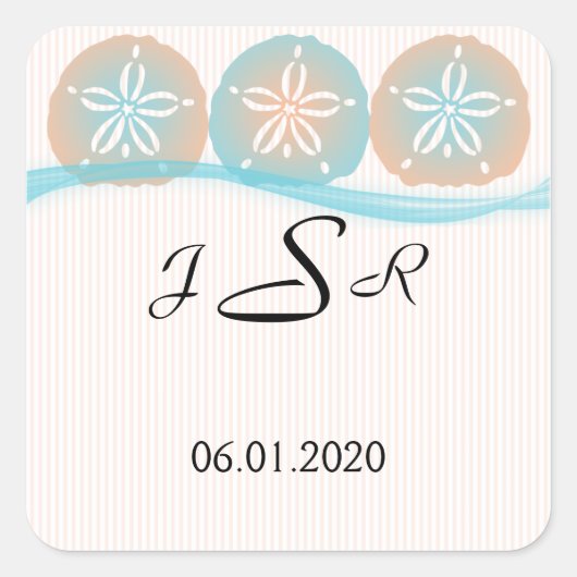 Peach en Blue Sand Dollars Beach Monogram Sticker (Voorkant)