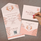 Peach en Blush Roze Monogram Trouwen All In One Uitnodiging