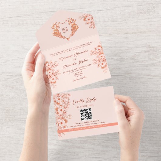 Peach en Blush Roze Monogram Trouwen All In One Uitnodiging (Afscheurbaar)