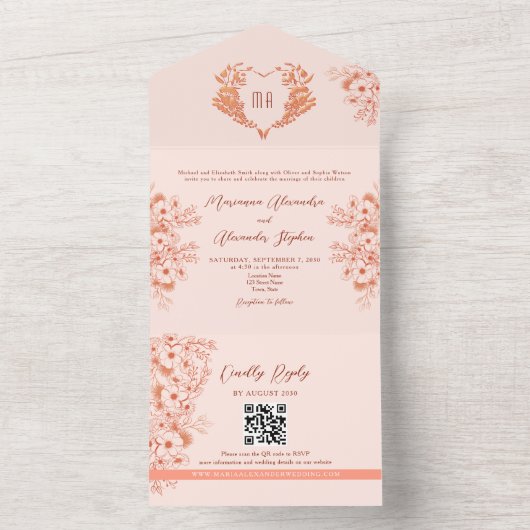 Peach en Blush Roze Monogram Trouwen All In One Uitnodiging (Binnen)