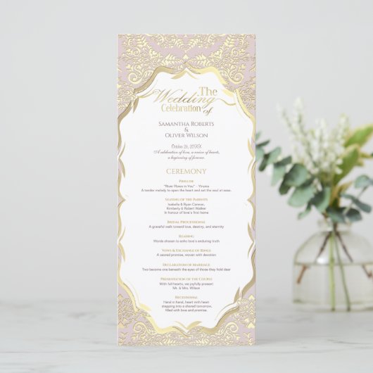 Peach en Gold Monogram Huwelijksprogramma Programmakaart (Staand voorkant)