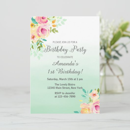 Peach en Mint verjaardagsuitnodiging Kaart (Staand voorkant)