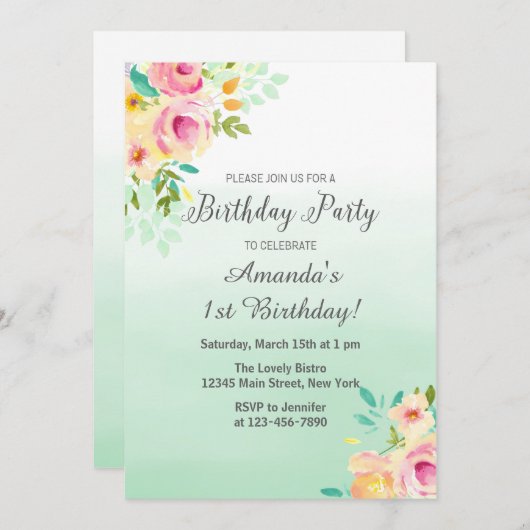 Peach en Mint verjaardagsuitnodiging Kaart (Voorkant / Achterkant)