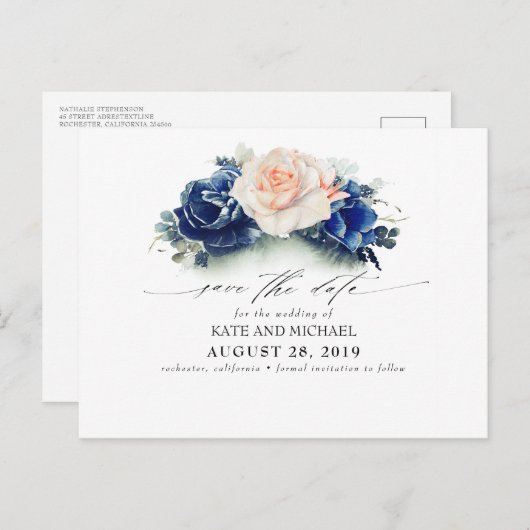 Peach en Navy Blue Floral Boho Save the Date Briefkaart (Voorkant / Achterkant)