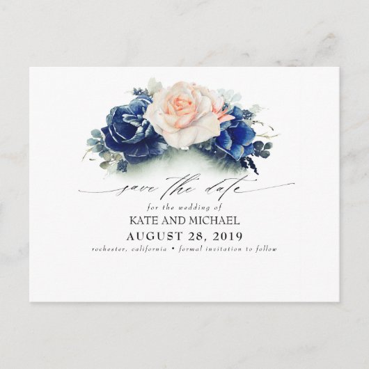 Peach en Navy Blue Floral Boho Save the Date Briefkaart (Voorkant)