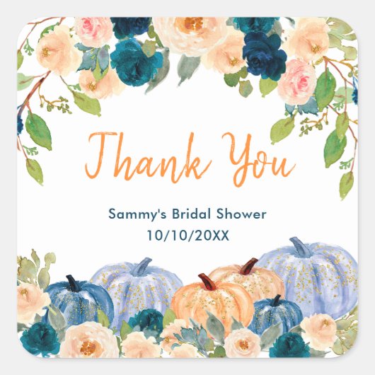 Peach en Navy Blue Pumpkins Baby shower Bedankt Vierkante Sticker (Voorkant)