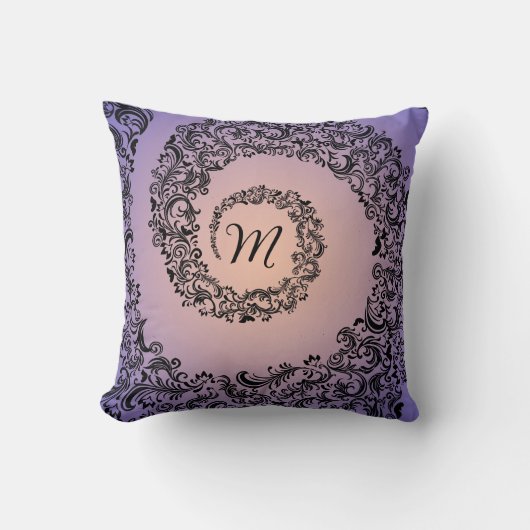 Peach en Paarse Damask Monogram Kussen (Voorkant)