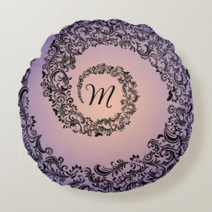 Peach en Paarse Damask Monogram Rond Kussen