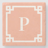 Peach en White Griekse Key Border Monogram Stenen Onderzetter (Voorkant)