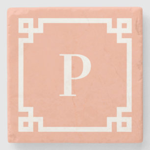 Peach en White Griekse Key Border Monogram Stenen Onderzetter