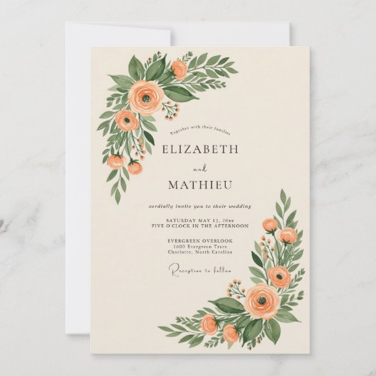 Peach Enchanting Botanical Wedding Kaart (Voorkant)