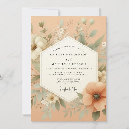 Peach Ethereal Bloom Wedding Kaart (Voorkant)
