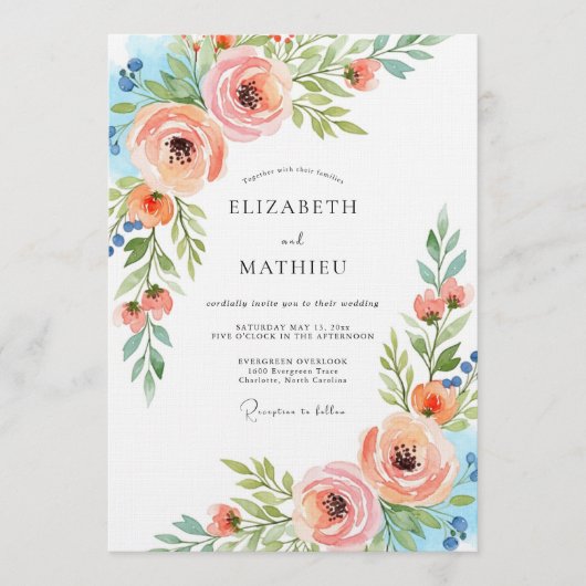 Peach Ethereal Flora Wedding Kaart (Voorkant)