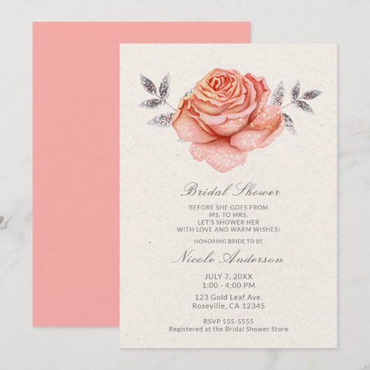 Peach Fairy Tale Glitter Roos Leaft Vrijgezellenfe Kaart (Voorkant / Achterkant)