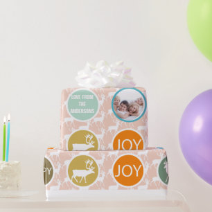 Peach Family Photo Reindeer Kerstmis Merry Bright Cadeaupapier