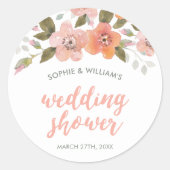 Peach Fijne Floral Wedding Shower Ronde Sticker (Voorkant)