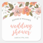 Peach Fijne Floral Wedding Shower Vierkante Sticker (Voorkant)