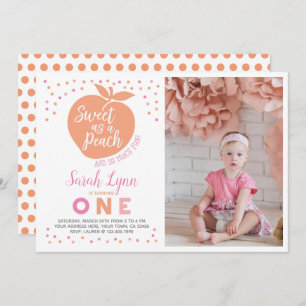Peach First Birthday nodiging met foto Kaart