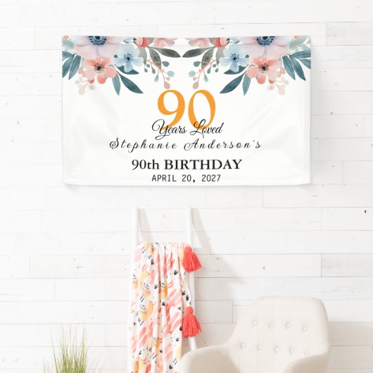  Peach Floral 90th Birthday 90 Years Loved Banner (Insitu)