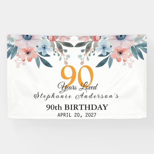  Peach Floral 90th Birthday 90 Years Loved Banner (Horizontaal)