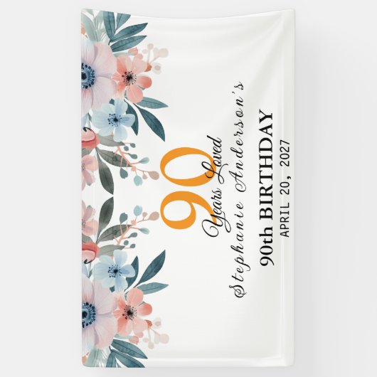  Peach Floral 90th Birthday 90 Years Loved Banner (Verticaal)