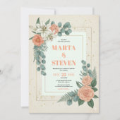 Peach Floral and Eucalyptus Greenery Wedding Kaart (Voorkant)