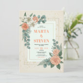 Peach Floral and Eucalyptus Greenery Wedding Kaart (Staand voorkant)