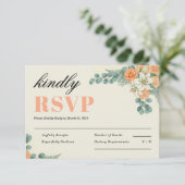 Peach Floral and Eucalyptus Greenery Wedding RSVP Kaartje (Staand voorkant)