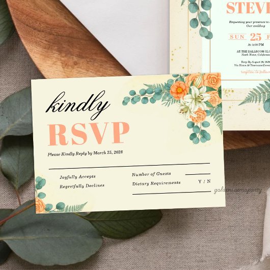 Peach Floral and Eucalyptus Greenery Wedding RSVP Kaartje