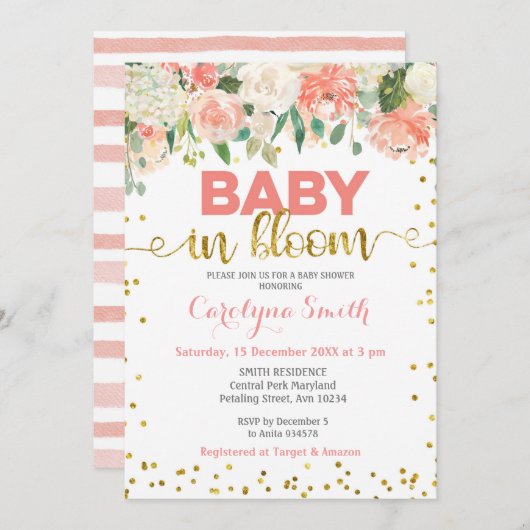Peach Floral Baby in Bloom Invitation Kaart (Voorkant / Achterkant)
